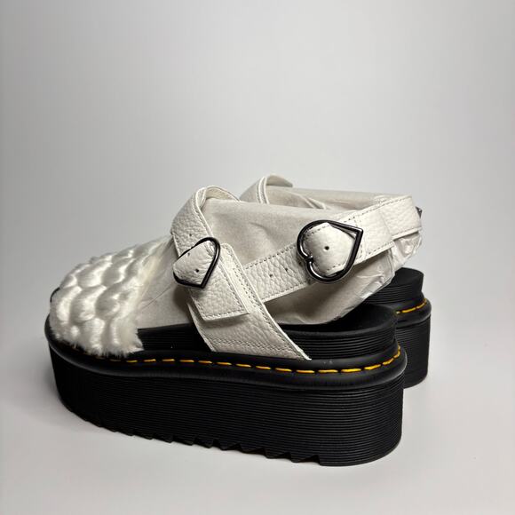 Dr. Martens Voss Heart Fluffy Faux Fur Platform Sandals in White Milled Nappa - Picture 3 of 10